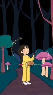 Girl with a pink umbrella on a forest path amid drifting sparkles