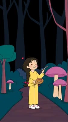 Girl pausing under her umbrella on a woodland path
