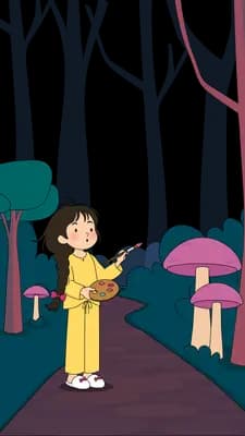 Girl walking away down a forest path holding an umbrella