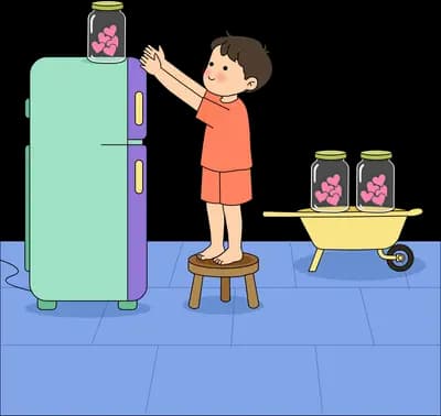 Boy taking pink flowers from a green fridge beside a flower cart