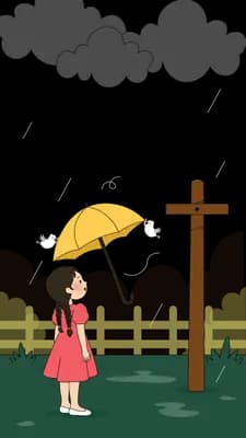 Girl gripping a yellow umbrella beneath a heavy dark cloud