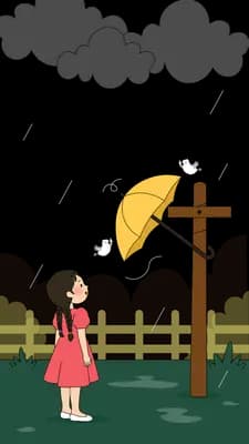 Girl bracing her yellow umbrella as dark clouds gather overhead