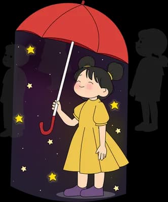 Girl in a yellow raincoat holding a red umbrella past grey silhouettes