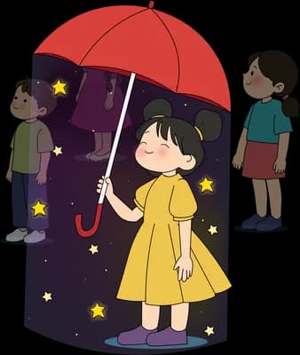 Girl with a red umbrella walking among faded grey figures