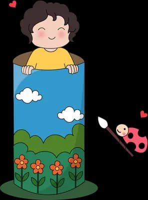 Boy standing inside a box painted with clouds and orange flowers