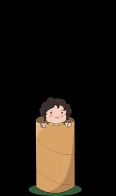 Boy peering out of a plain brown cardboard box surrounded by dark blobs