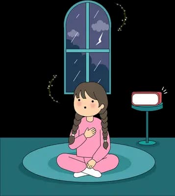 Worried girl sitting cross-legged on a rug at night while rain streaks the arched window