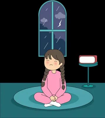Girl sitting cross-legged with eyes closed on a rug at night beside a rainy arched window