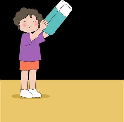 Boy lifting a giant teal pencil overhead while standing on a yellow banner block