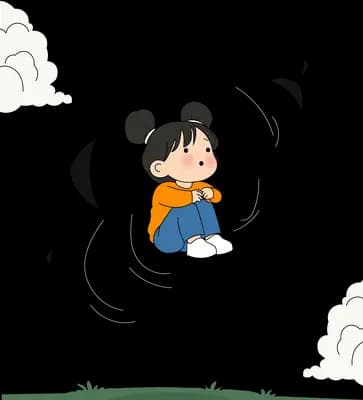 Girl with hair buns hugging her knees on a cloud above a green mountain peak