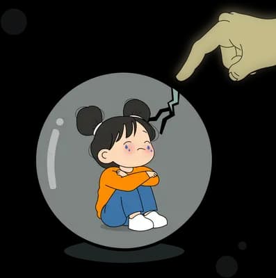 Girl hugging her knees inside a grey bubble while lightning strikes a yellow cloud outside