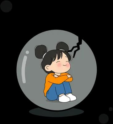 Girl curled up inside a grey glass bubble with a lightning bolt behind her