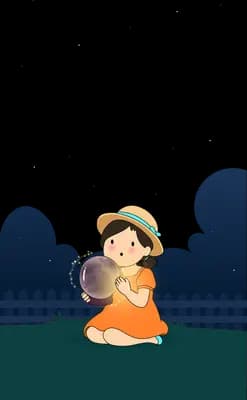 Girl in a straw hat kneeling on the grass looking up while holding a round lantern