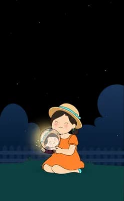 Girl in a straw hat hugging a glowing round lantern to her chest on the garden grass