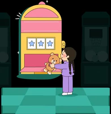 Girl lifting a teddy bear out of an arcade prize machine