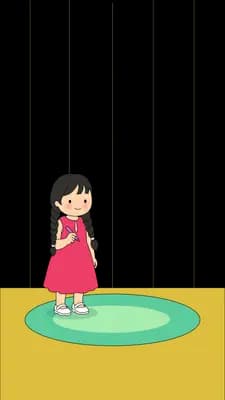 Girl standing on a green rug holding out a long red ribbon