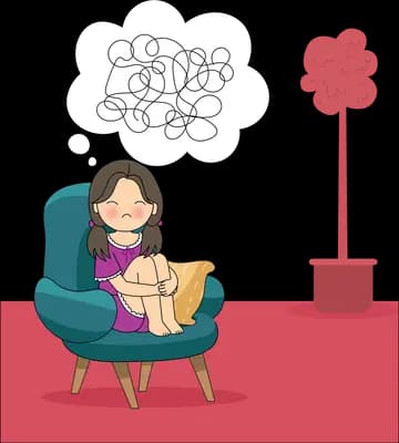 Woman curled in a teal armchair with a tangled scribble cloud of thoughts above her head