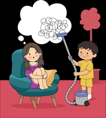 Boy pointing a vacuum hose at the tangled worry cloud above a woman in an armchair