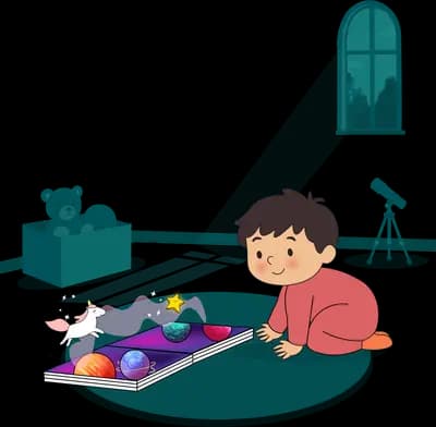 Boy on a rug watching a purple magical landscape rise out of his open storybook