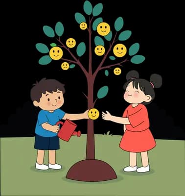 Boy watering a tree that grows smiley-face fruit while a girl in a red dress picks one