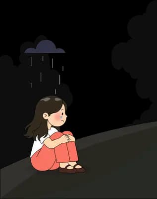 Girl in pink hugging her knees on a dark slope under a small storm cloud