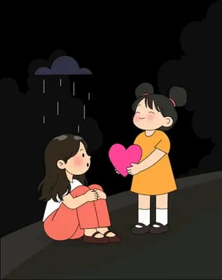 Girl in orange offering a pink heart to a girl sitting on a dark slope under a cloud