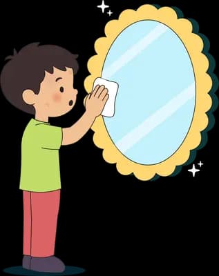 Boy in a green t-shirt polishing a large golden scalloped cloud with a cloth