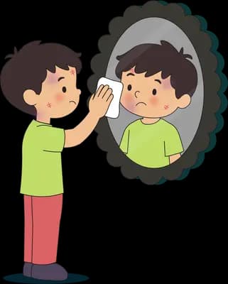 Boy wiping a dark cloud to reveal a smiling child's face inside it