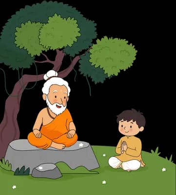 Boy sitting cross-legged in front of a bearded sage meditating on a rock