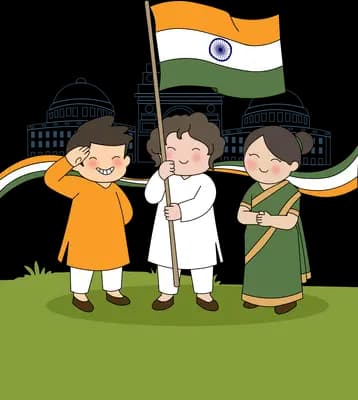 Three children holding the indian tricolour flag with monument domes behind them
