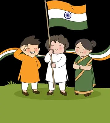 Boy saluting beside two children raising the indian tricolour on a green field