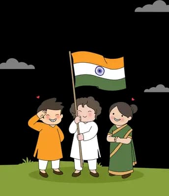Children clustered around a tall indian flagpole with the tricolour unfurling above