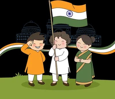 Three children holding a flagpole with a folded tricolour and streaming ribbons