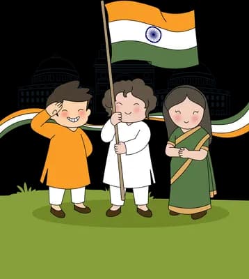 Children celebrating with the indian flag on a green field with ribbons behind
