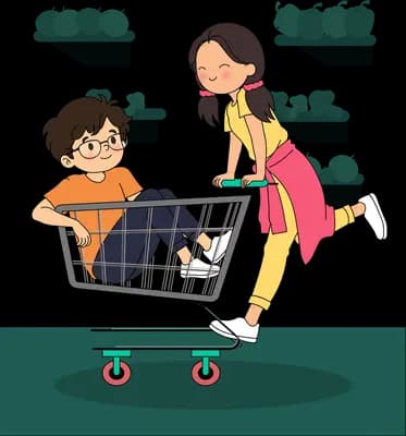 Boy riding inside a shopping trolley pushed by a girl down a supermarket aisle