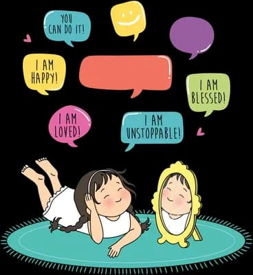 Two girls lying on a round teal rug with colourful speech bubbles floating above them