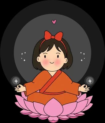 Girl in a red robe sitting cross-legged on a pink lotus flower with a heart above her