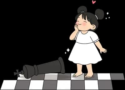 Girl in a white dress smelling a small flower while walking along a chequered path