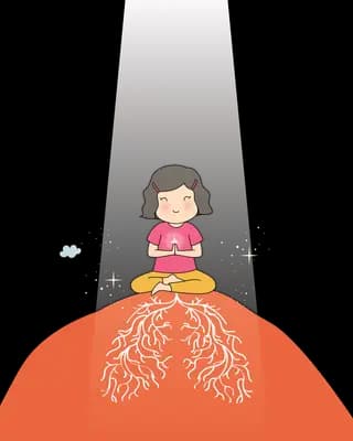 Girl sitting cross-legged meditating on top of a red volcano venting steam