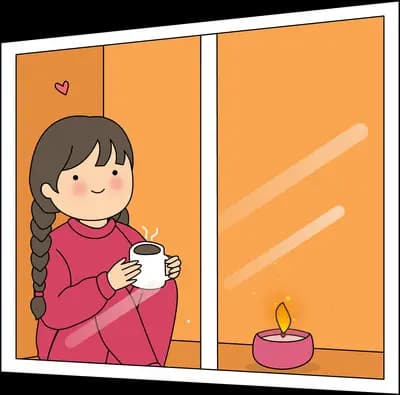Girl in red sitting at a sunlit window holding a mug beside a lit candle