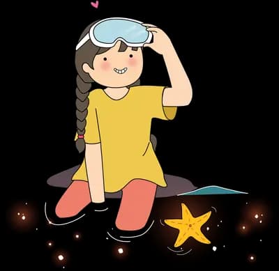 Girl in a yellow dress with swimming goggles sitting among grey bubbles beside a starfish