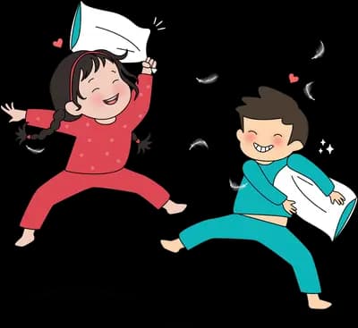 Two children in pyjamas swinging pillows at each other as feathers fly