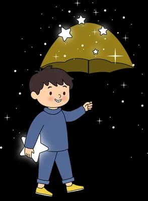 Boy in blue walking while holding up a yellow umbrella patterned with stars