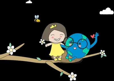 Girl in yellow sitting on a branch beside a peacock