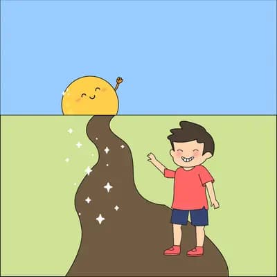 Boy waving at a giant snail on a green and blue panel