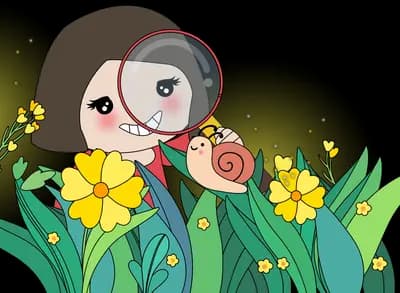 Girl with a magnifying glass examining a snail among daffodils