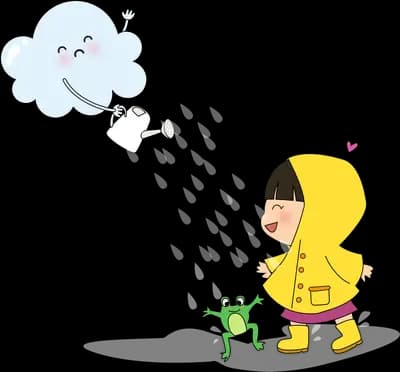 Child in a yellow raincoat greeting a frog under a rain cloud