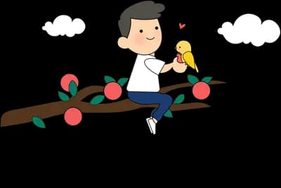 Boy lying along a cherry branch feeding a bird