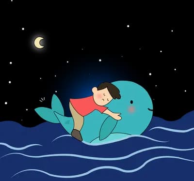 Child riding a whale across night waves