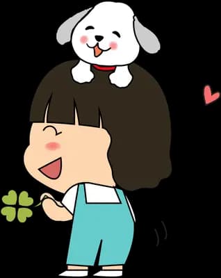 Girl holding a small plant with a dog standing behind her